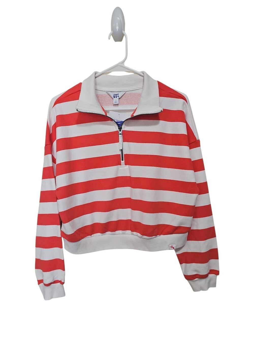 JoyLab Rugby 1/2 Zip NWT Sz S Top Coral Red White Striped Cropped Sweatshirt